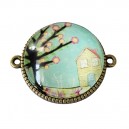 DISPONIBIL 1 BUCATA - CCSP19 - Conector bronz antic cu cabochon sticla cu print copacei 34*27.5mm/25mm
